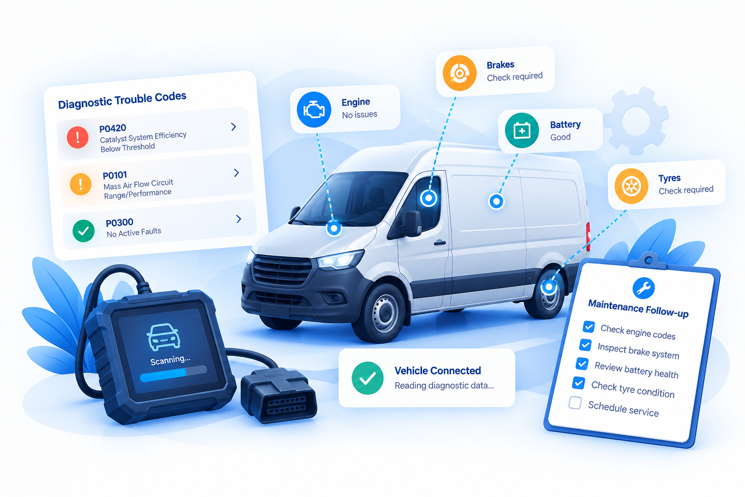 Vehicle diagnostics illustration showing trouble codes, component status and maintenance follow-up