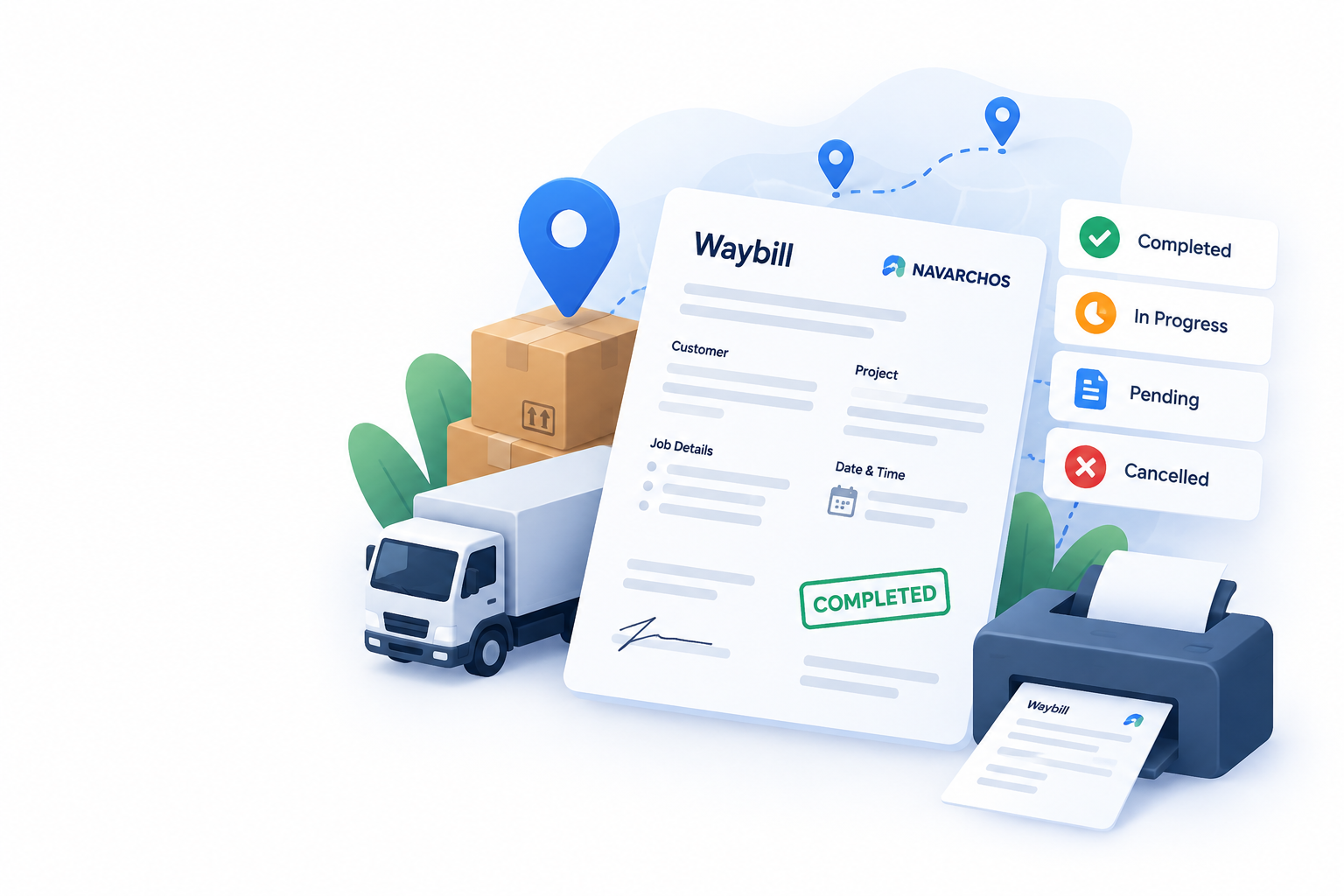 NAVARCHOS waybill records with operational status indicators