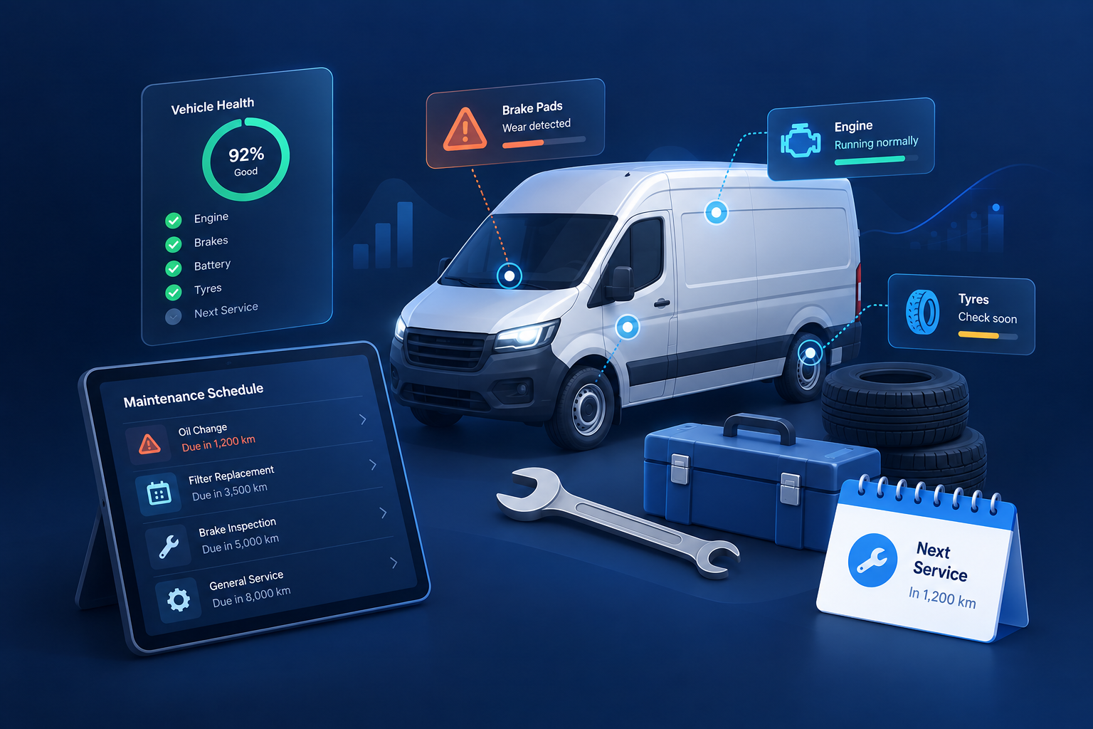 Predictive maintenance illustration showing vehicle health, component alerts and an upcoming service schedule