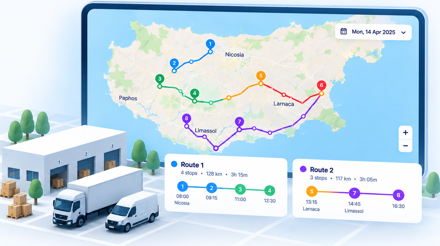 NAVARCHOS planner showing daily route plans