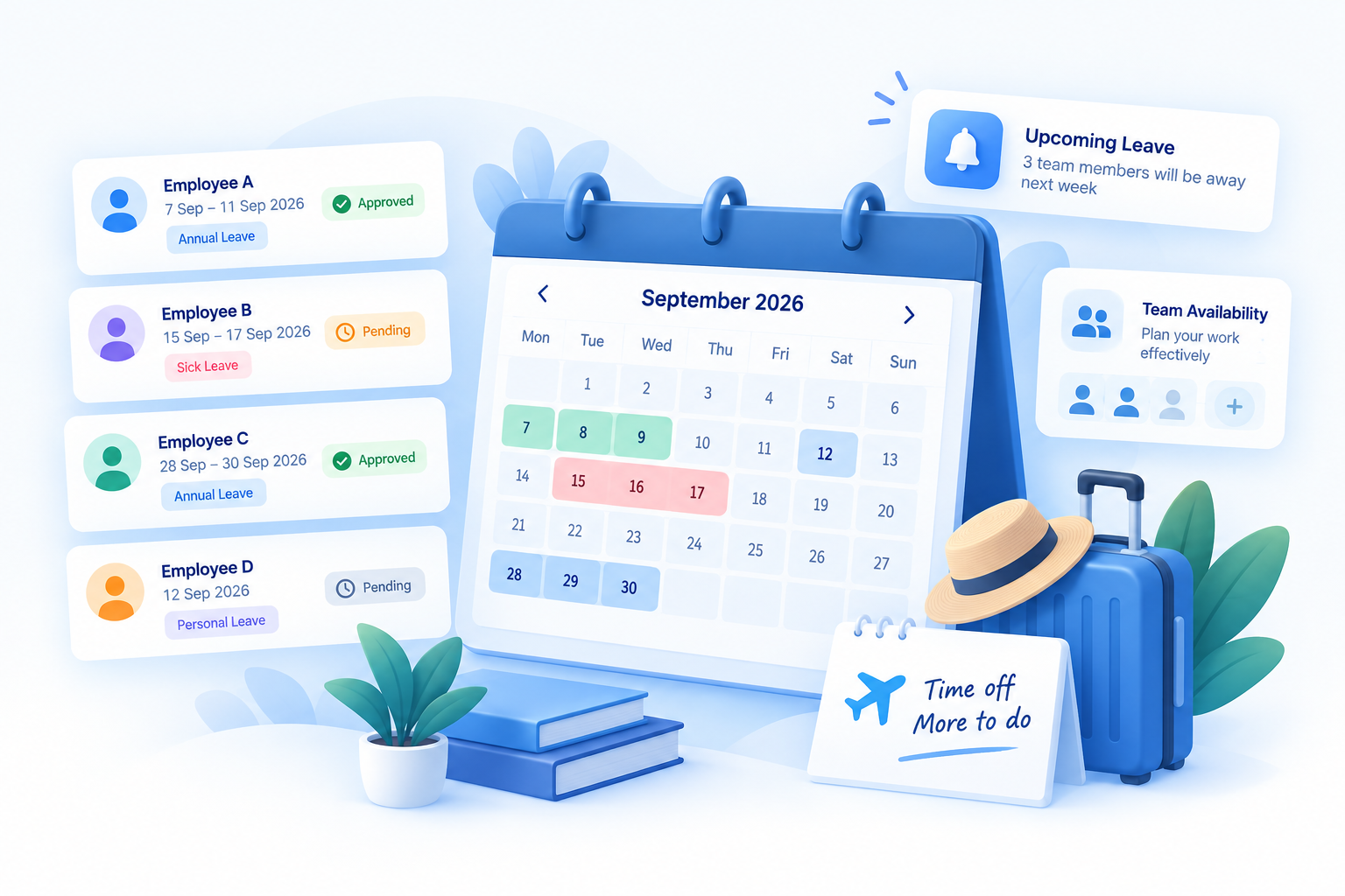 Leave requests illustration showing a calendar, approved and pending requests, upcoming leave and team availability