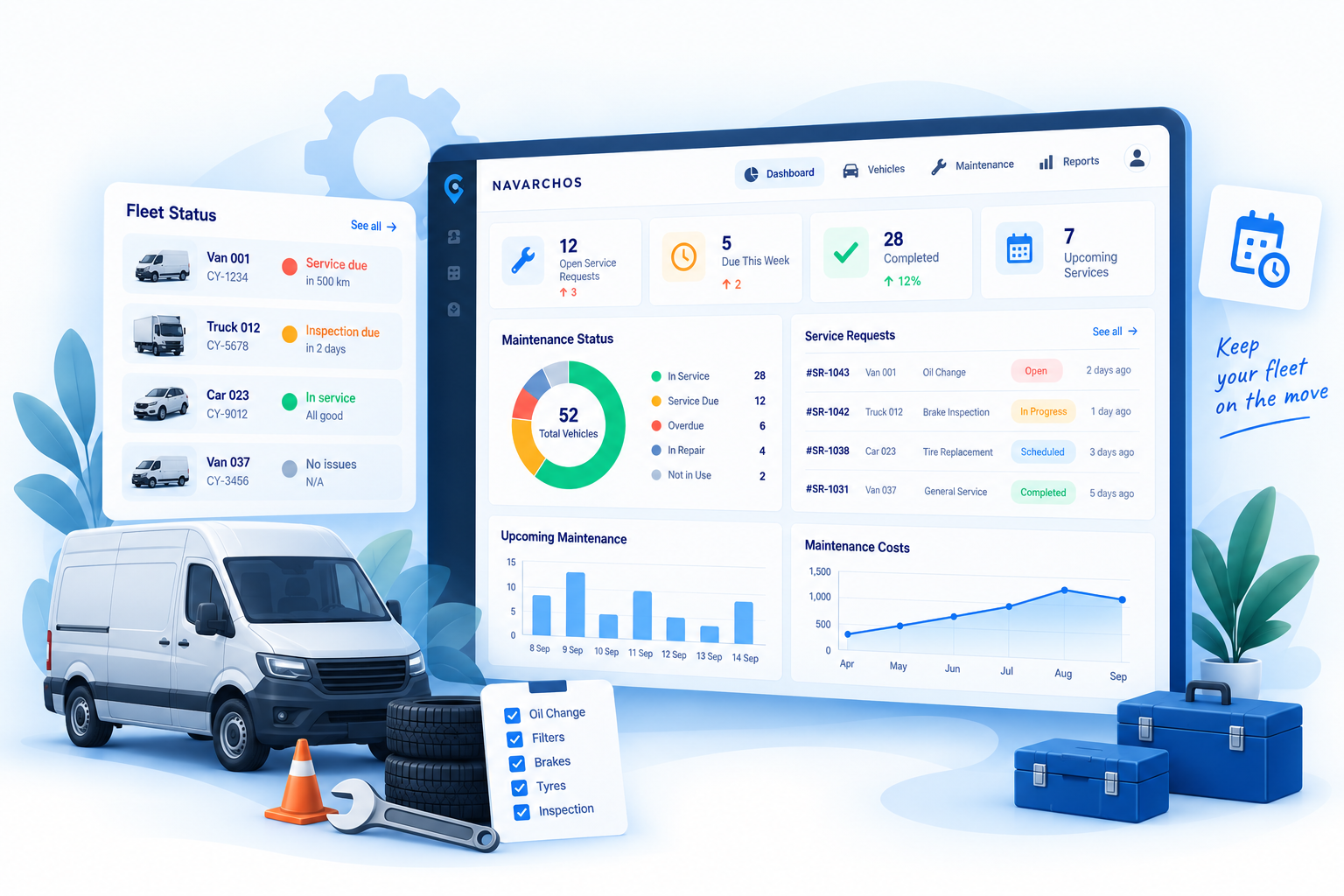 Maintenance dashboard illustration showing fleet status, service requests, upcoming maintenance and cost trends