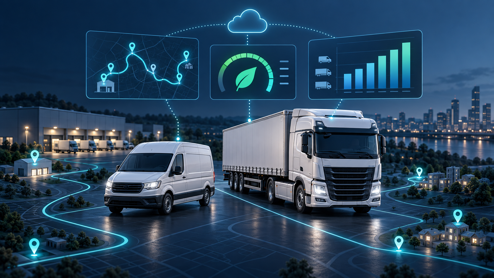 Concept illustration of connected trucks and vans with route planning, eco-driving insights and cloud-based fleet analytics