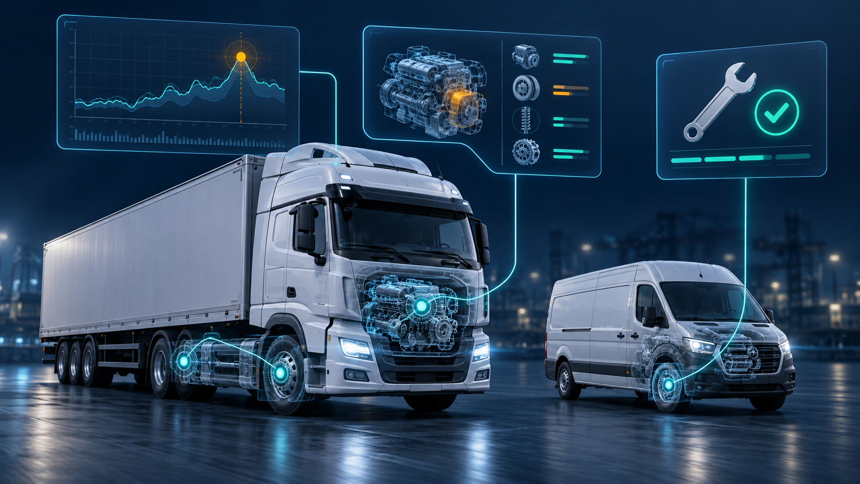 Concept illustration of connected fleet vehicles with IoT sensors, anomaly detection and predictive maintenance insights