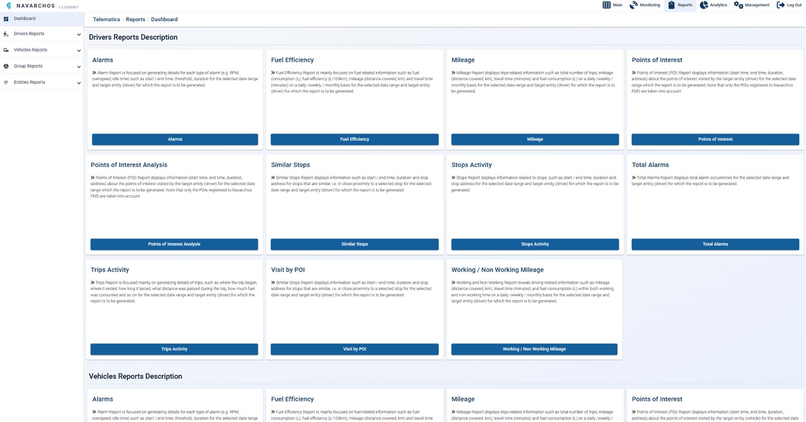 Report library for alarms, fuel, mileage, stops and trips