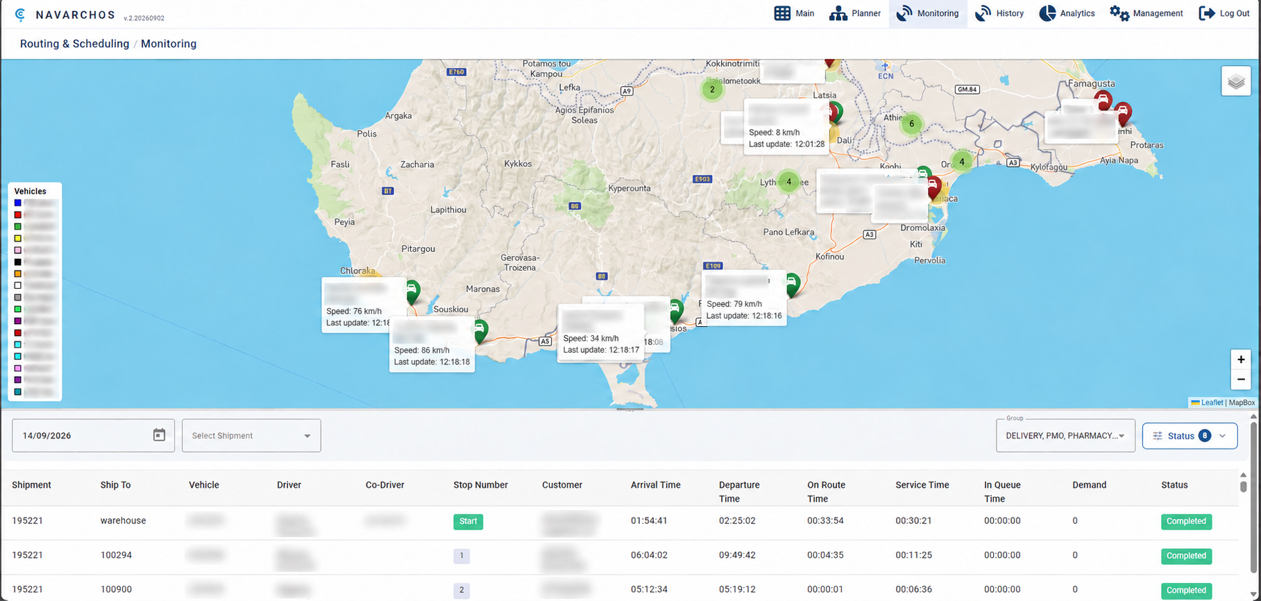 Routing and delivery monitoring map with shipment records